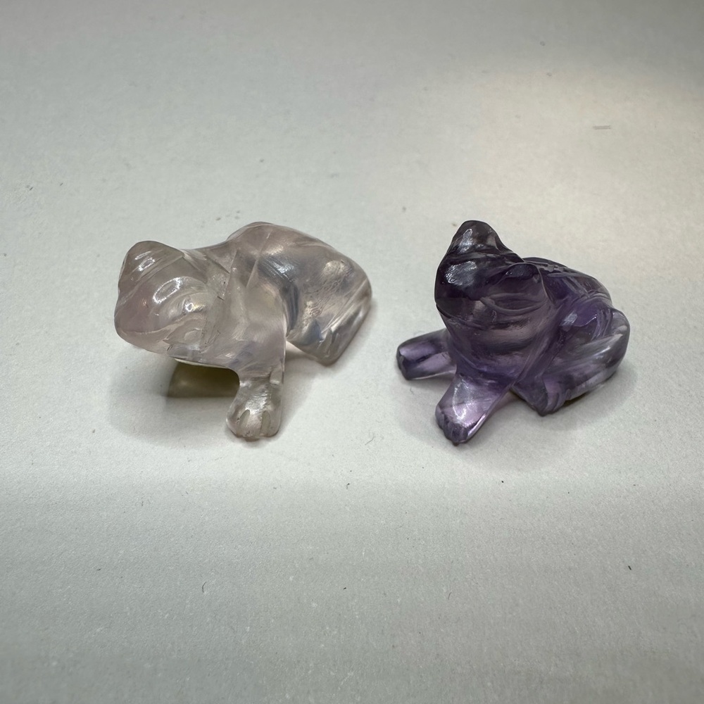 2 Hand Carved Brazilian Amethyst & Pink Quartz Gemstone Frog Miniature Lot Of 2